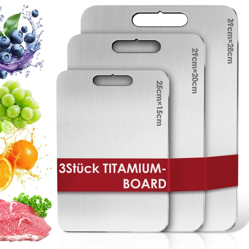 3er-Set Titan Schneidebrett, doppelseitig, aus S316 Edelstahl, BPA-frei S+M+L, S+M+L
