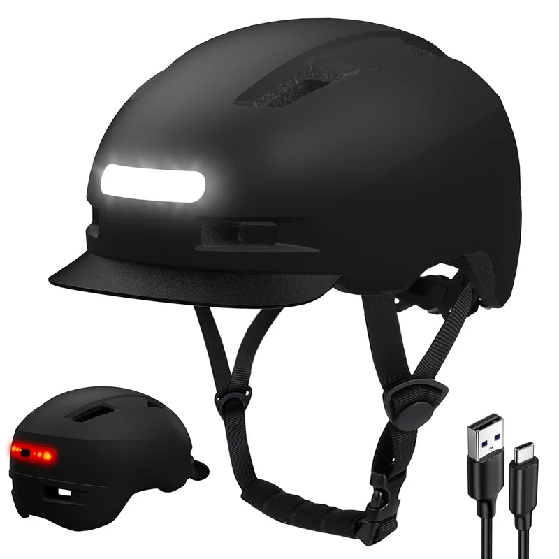 KINGLEAD Fahrradhelm mit Licht Vorne und Hinten Damen Herren，USB-aufladbar Schwarz L【58-61cm】, Schwa