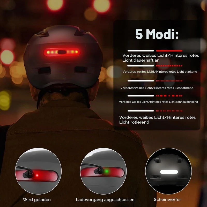 KINGLEAD Fahrradhelm mit Licht Vorne und Hinten Damen Herren，USB-aufladbar Schwarz L【58-61cm】, Schwa