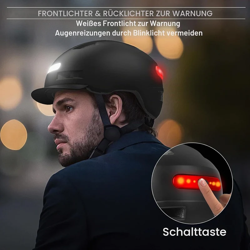 KINGLEAD Fahrradhelm mit Licht Vorne und Hinten Damen Herren，USB-aufladbar Schwarz L【58-61cm】, Schwa