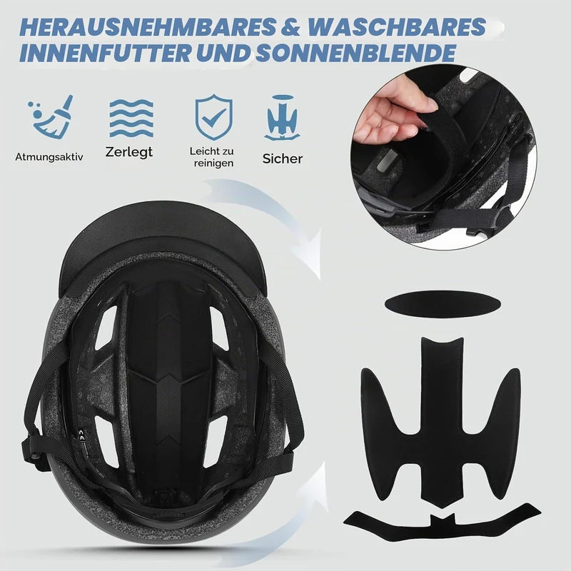 KINGLEAD Fahrradhelm mit Licht Vorne und Hinten Damen Herren，USB-aufladbar Schwarz L【58-61cm】, Schwa