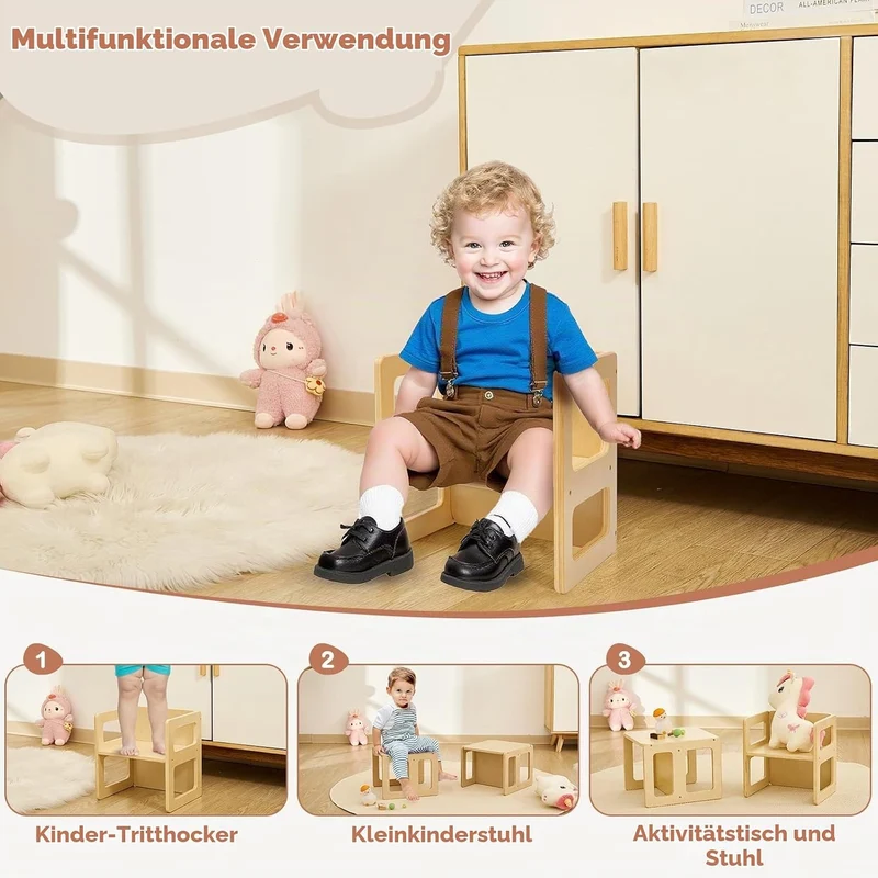 FUNLIO Höhenverstellbarer Montessori Entwöhnungsstuhl für 1-3 Jahre, Qualitätsstuhl aus Massivholz,