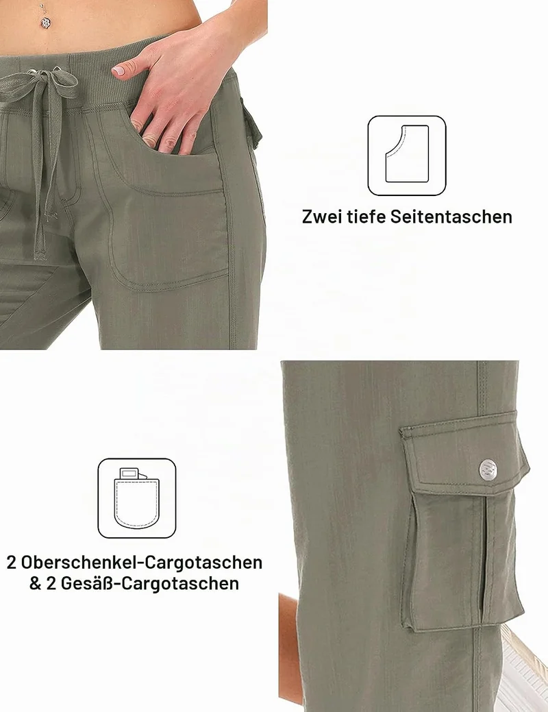 JINSHI Hosen Damen Sommer Cargohose 3/4 Hose Caprihose Wanderhose 6 Taschen | Leicht, Atmungsaktiv,M
