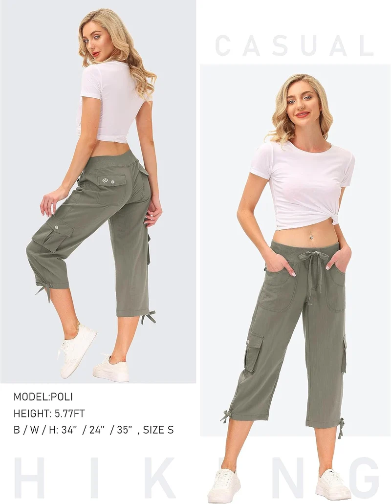 JINSHI Hosen Damen Sommer Cargohose 3/4 Hose Caprihose Wanderhose 6 Taschen | Leicht, Atmungsaktiv,M
