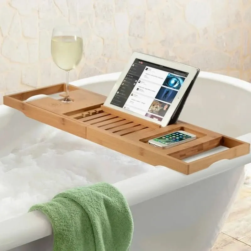 Meralune Bambus Zuflucht Tablett | Ausziehbares Badewannentablett | Nachhaltig & Elegant | Mit Glas-, Buch- & Tablet-Halter