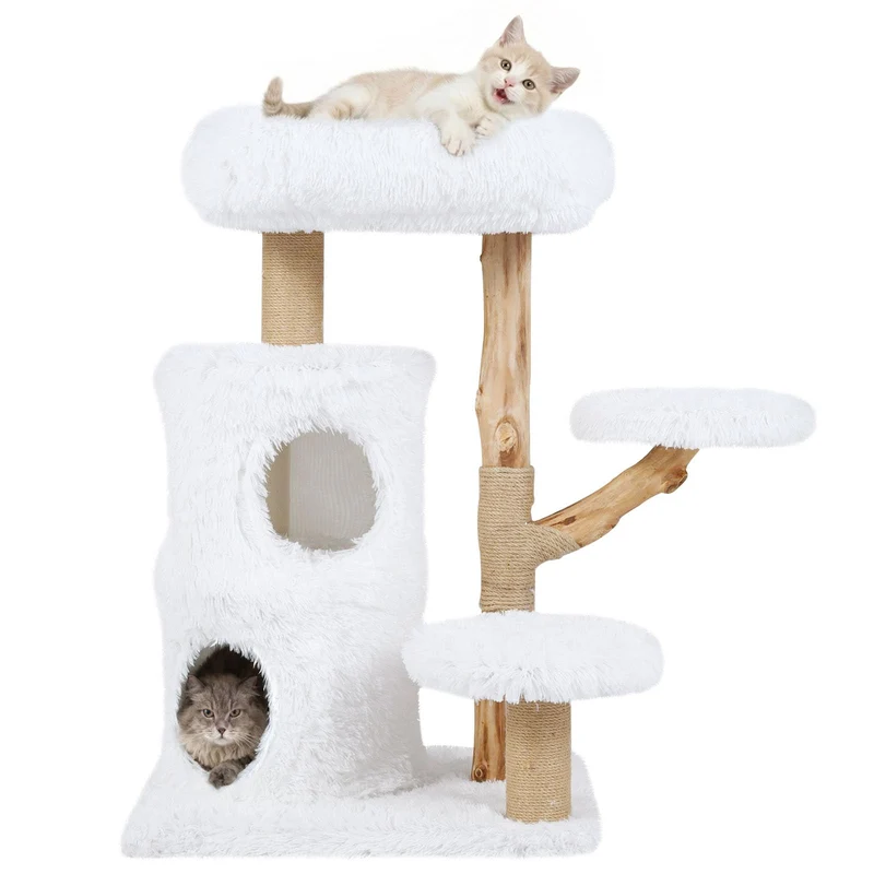GOPLUS Kratzbaum Holz, Katzenbaum 93 cm mit 2 Höhle, Kratzstamm aus natürlichem Jute, 3 Plattformen,
