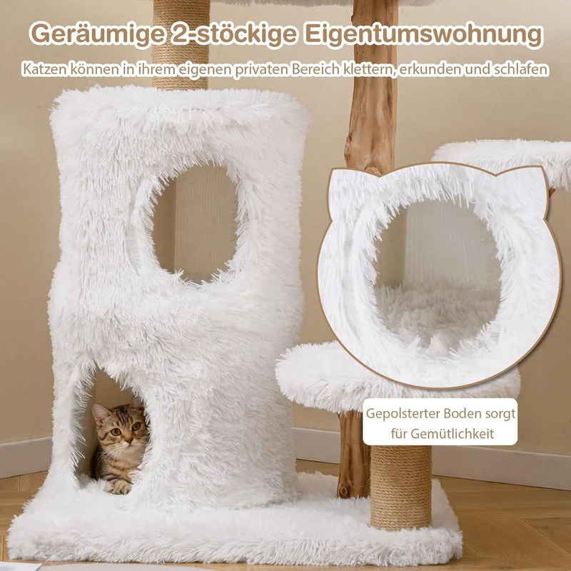 GOPLUS Kratzbaum Holz, Katzenbaum 93 cm mit 2 Höhle, Kratzstamm aus natürlichem Jute, 3 Plattformen,