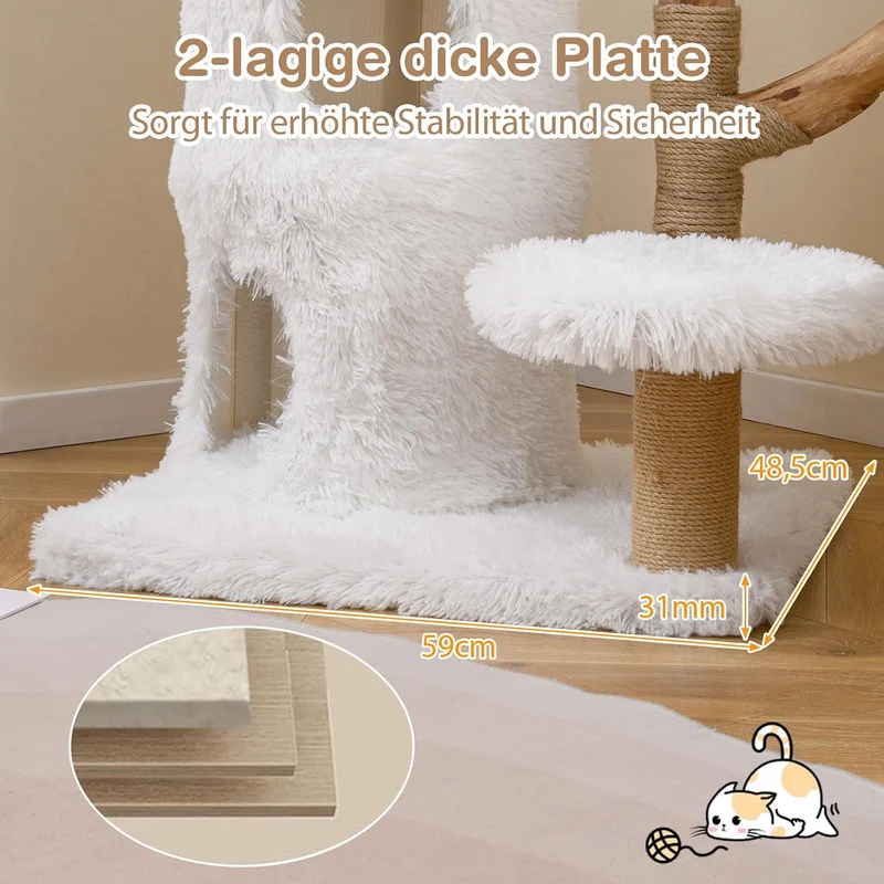 GOPLUS Kratzbaum Holz, Katzenbaum 93 cm mit 2 Höhle, Kratzstamm aus natürlichem Jute, 3 Plattformen,