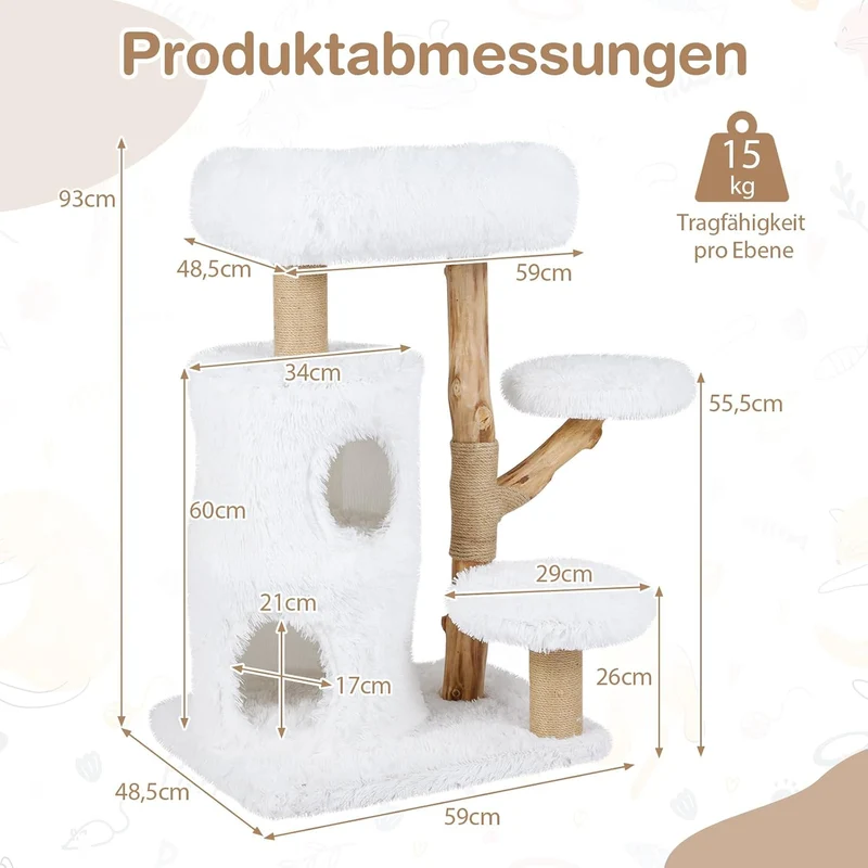 GOPLUS Kratzbaum Holz, Katzenbaum 93 cm mit 2 Höhle, Kratzstamm aus natürlichem Jute, 3 Plattformen,