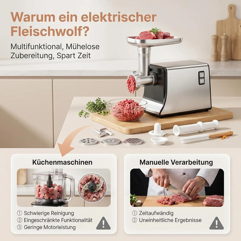 Fleischwolf Elektrisch, 3 in 1 Hocheffizienter Fleischwolf für Hausgebrauch mit Wurstfüllrohren und