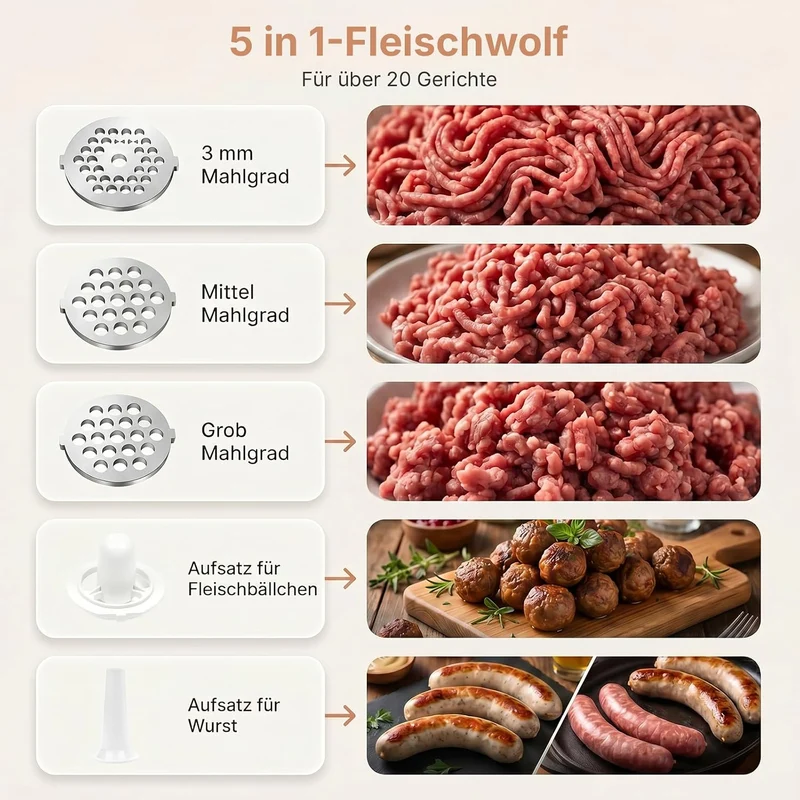 Fleischwolf Elektrisch, 3 in 1 Hocheffizienter Fleischwolf für Hausgebrauch mit Wurstfüllrohren und