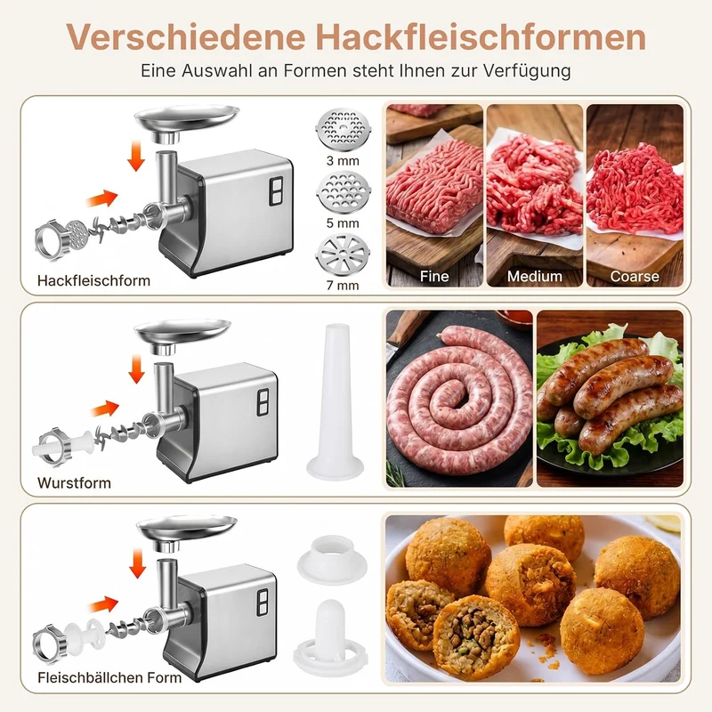 Fleischwolf Elektrisch, 3 in 1 Hocheffizienter Fleischwolf für Hausgebrauch mit Wurstfüllrohren und