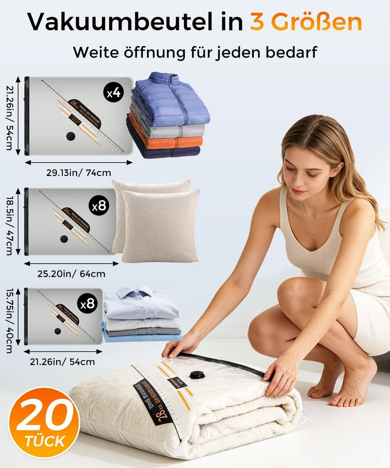 BOYUNSHI Vakuumbeutel für Kleidung Reise mit Kabelloser Vakuumpumpe, 20 Stück (8x 40x54cm, 8x 47x64c