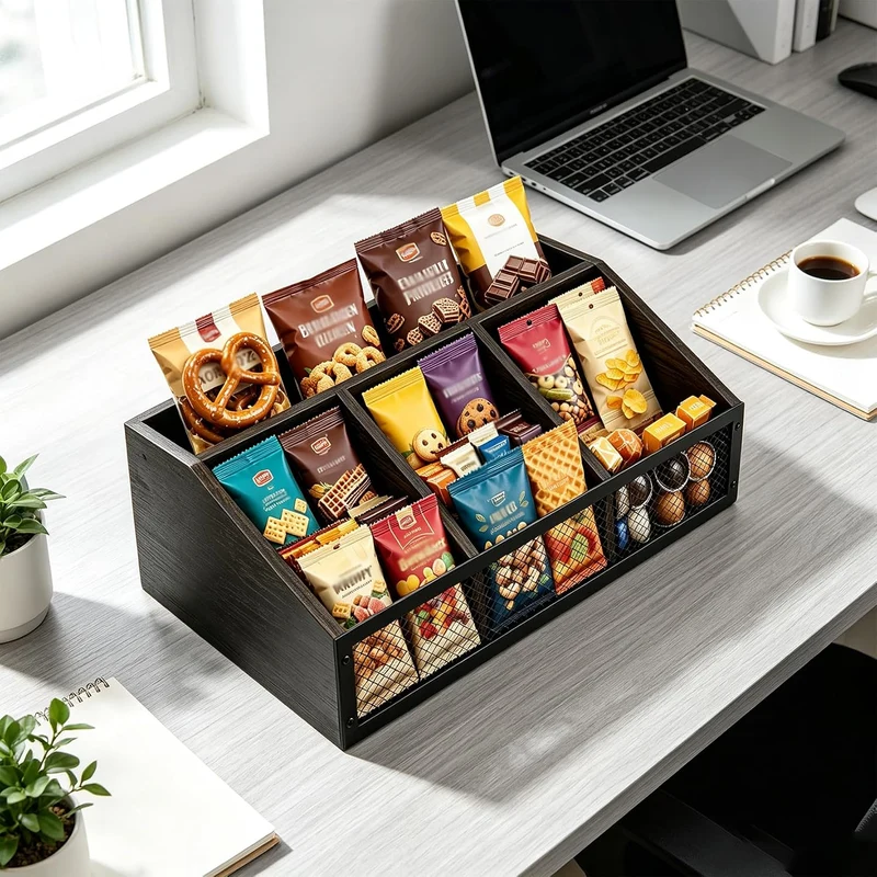Snack Organizer Küche aus Holz mit 4 Fächern, Süssigkeiten Aufbewahrungsbox für Snackbar, Snack Aufb