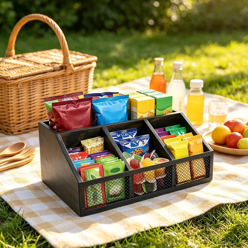 Snack Organizer Küche aus Holz mit 4 Fächern, Süssigkeiten Aufbewahrungsbox für Snackbar, Snack Aufb
