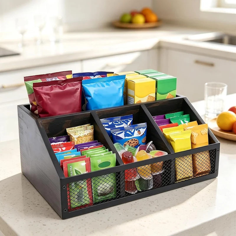 Snack Organizer Küche aus Holz mit 4 Fächern, Süssigkeiten Aufbewahrungsbox für Snackbar, Snack Aufb