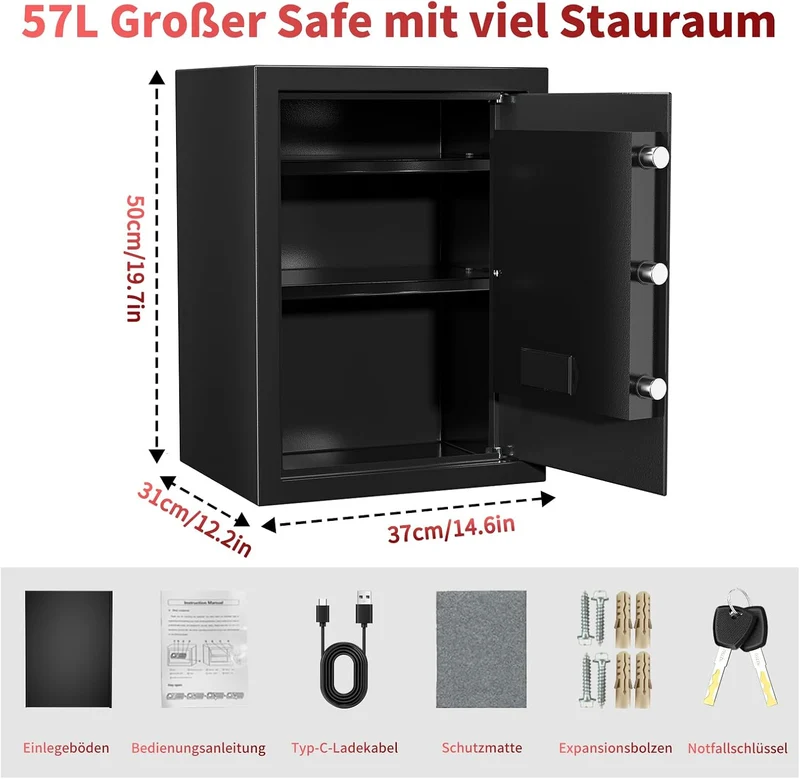 57L Safe Tresor, Grosser Schranktresor, Tresor mit Zahlenschloss, 57L