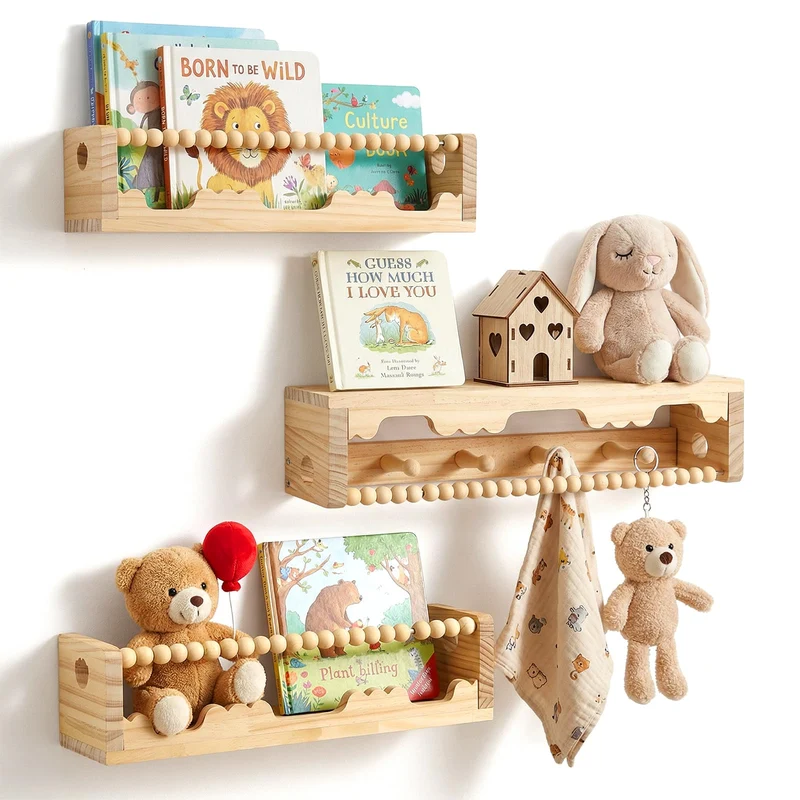 Bücherregal Kinder Wand, 40cm Wandregal Kinderzimmer, 3er-Set Holz Schweberegale für Kinderzimmer, B