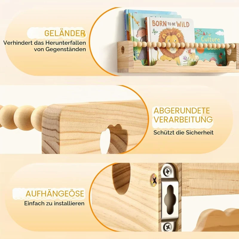 Bücherregal Kinder Wand, 40cm Wandregal Kinderzimmer, 3er-Set Holz Schweberegale für Kinderzimmer, B