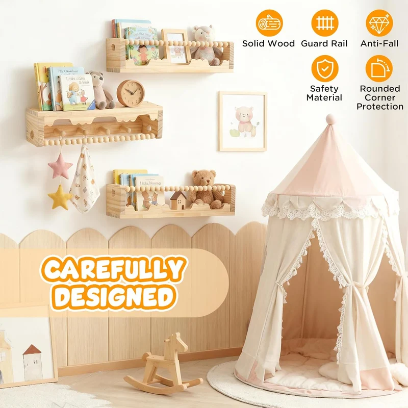 Bücherregal Kinder Wand, 40cm Wandregal Kinderzimmer, 3er-Set Holz Schweberegale für Kinderzimmer, B