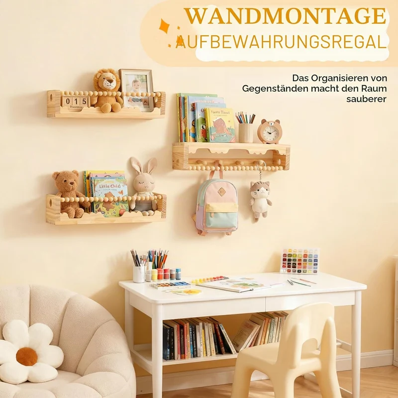 Bücherregal Kinder Wand, 40cm Wandregal Kinderzimmer, 3er-Set Holz Schweberegale für Kinderzimmer, B