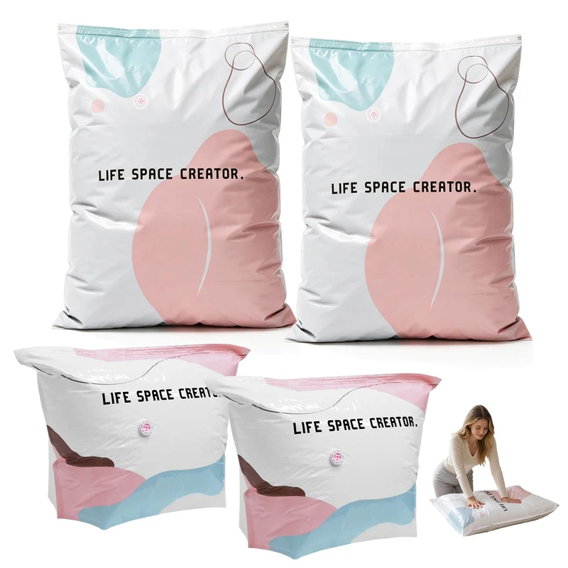 Vakuumbeutel ohne Pumpe 4er Set: 2x M (70x50x30cm) & 2x L (100x80x30cm) – Platzsparende No-Pump Aufb