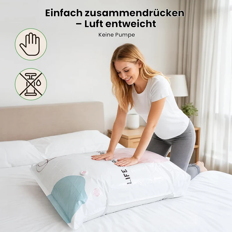 Vakuumbeutel ohne Pumpe 4er Set: 2x M (70x50x30cm) & 2x L (100x80x30cm) – Platzsparende No-Pump Aufb