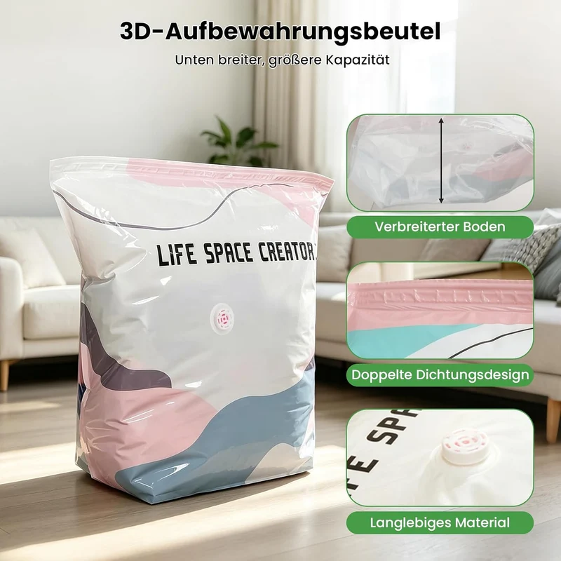 Vakuumbeutel ohne Pumpe 4er Set: 2x M (70x50x30cm) & 2x L (100x80x30cm) – Platzsparende No-Pump Aufb