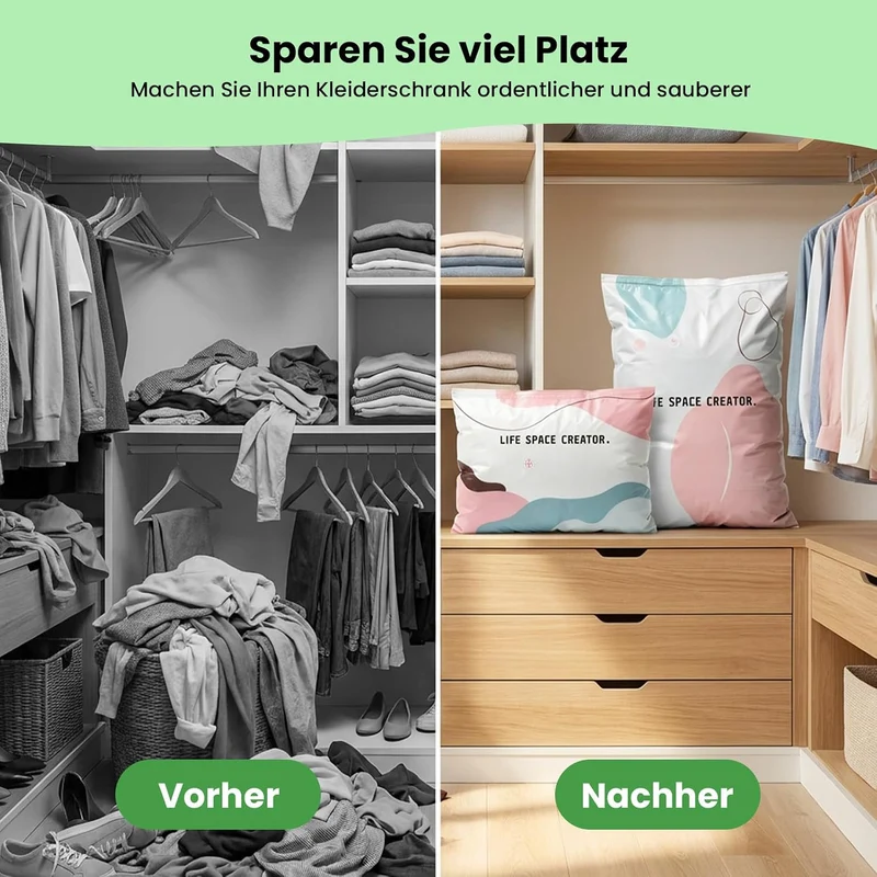 Vakuumbeutel ohne Pumpe 4er Set: 2x M (70x50x30cm) & 2x L (100x80x30cm) – Platzsparende No-Pump Aufb