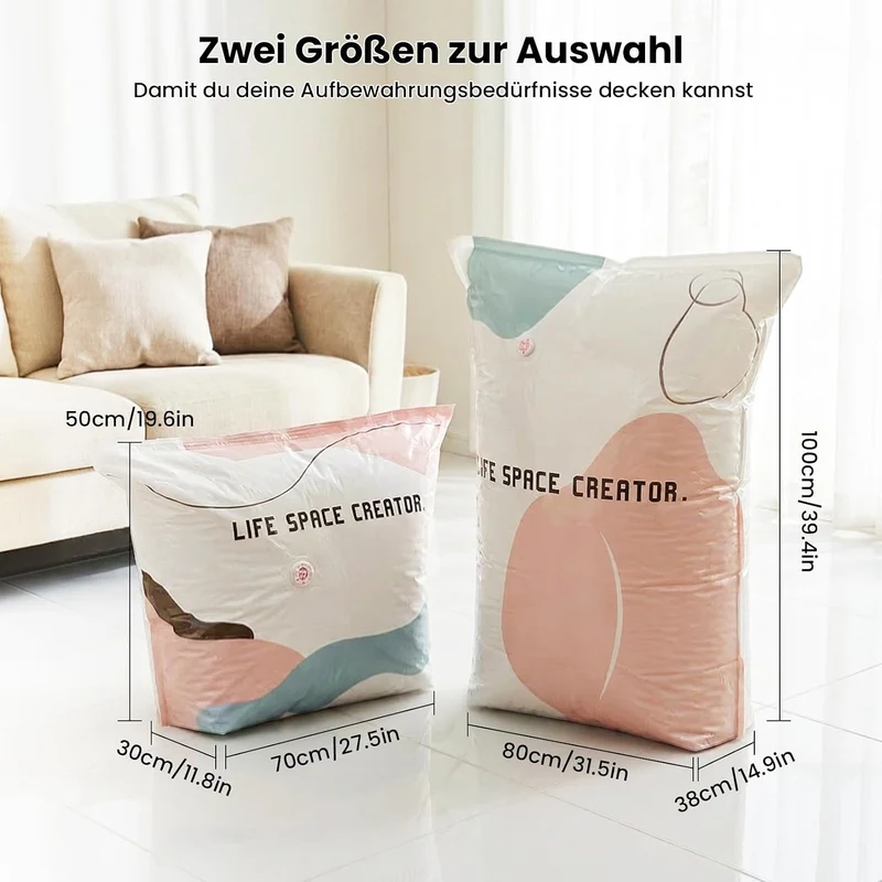 Vakuumbeutel ohne Pumpe 4er Set: 2x M (70x50x30cm) & 2x L (100x80x30cm) – Platzsparende No-Pump Aufb