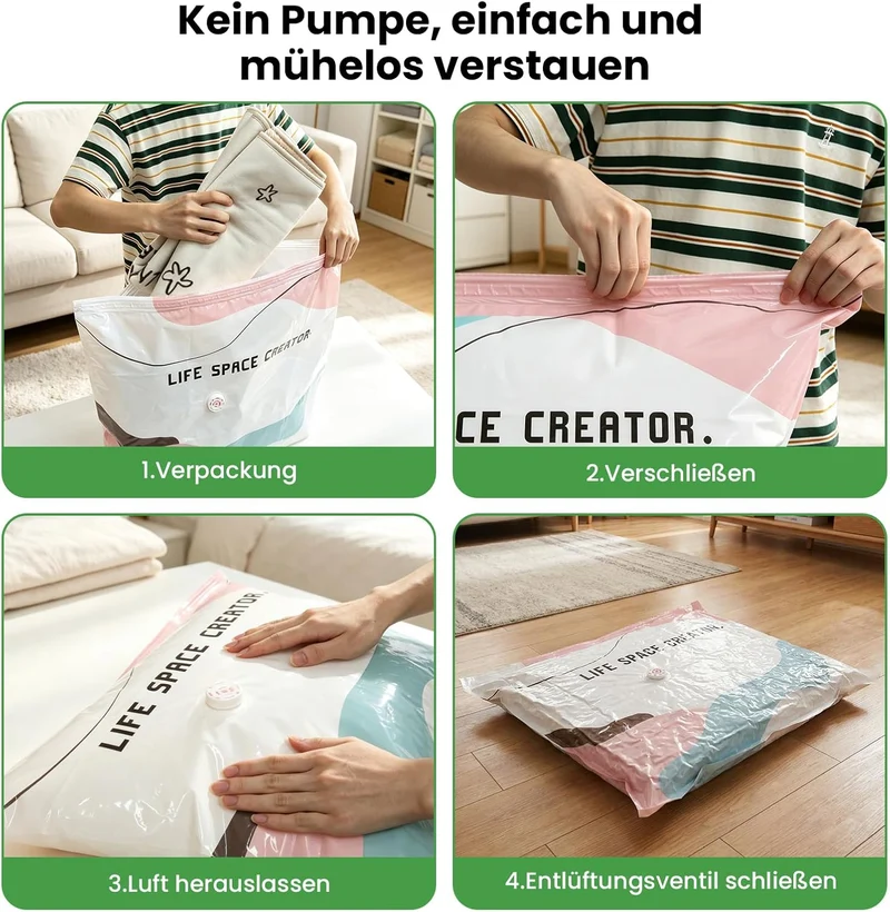 Vakuumbeutel ohne Pumpe 4er Set: 2x M (70x50x30cm) & 2x L (100x80x30cm) – Platzsparende No-Pump Aufb