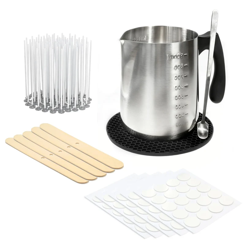 VALLYDOM Kerzenmacherset Komplett mit 1000ml Messbecher, 100 Kerzendochte 10cm, 100 Dochtaufkleber,