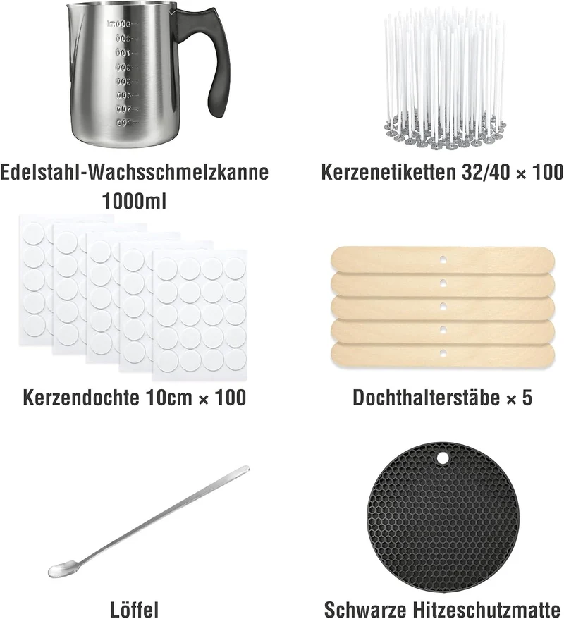 VALLYDOM Kerzenmacherset Komplett mit 1000ml Messbecher, 100 Kerzendochte 10cm, 100 Dochtaufkleber,