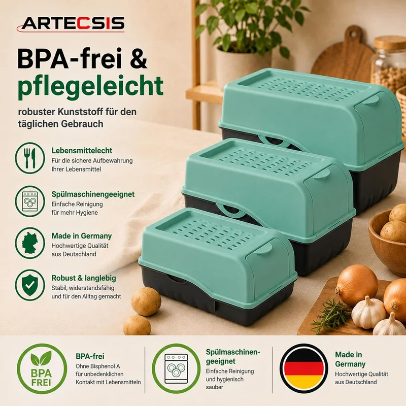 ARTECSIS® 1 x Kartoffel Aufbewahrungsbox mit Deckel für 4 kg Kartoffeln (mintgrün) - Vorratsbehälter
