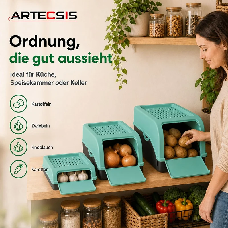 ARTECSIS® 1 x Kartoffel Aufbewahrungsbox mit Deckel für 4 kg Kartoffeln (mintgrün) - Vorratsbehälter