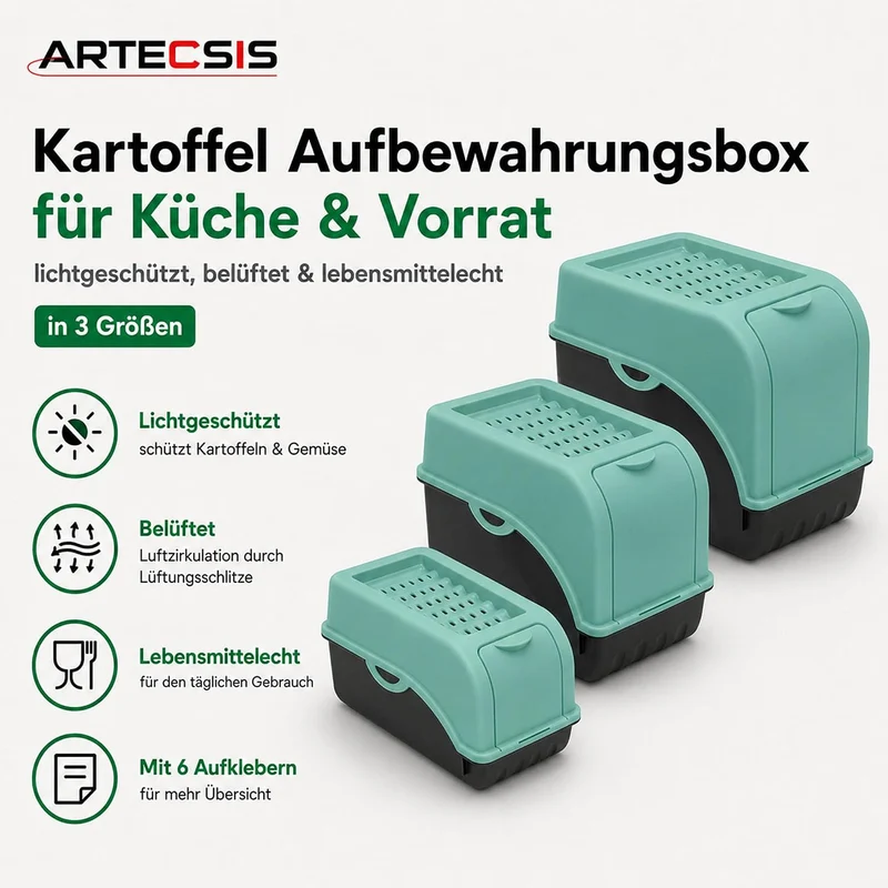 ARTECSIS® 1 x Kartoffel Aufbewahrungsbox mit Deckel für 4 kg Kartoffeln (mintgrün) - Vorratsbehälter