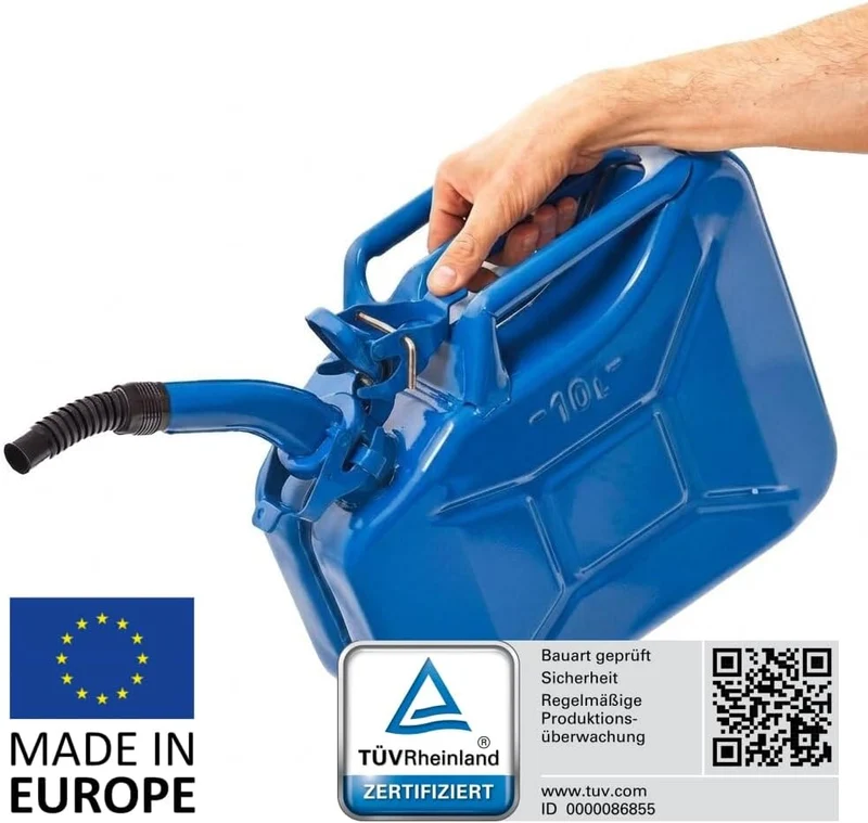 Oxid7® by BW Benzinkanister Metall 10 Liter mit Ausgiesser - Kraftstoffkanister Blau RAL 5005 - TÜV-