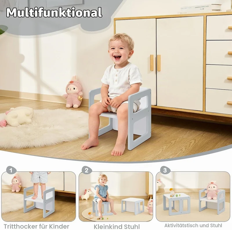 FUNLIO Höhenverstellbarer Montessori-Entwöhnungsstuhl für 1-3 Jahre, Qualitätsstuhl aus Massivholz,