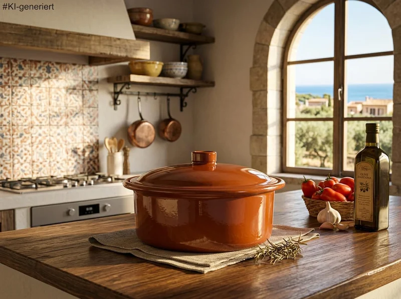 Ton-Cocotte mit Deckel - 3,5 Liter – Glasierter Schmortopf für Ceran, Gas, Ofen & Grill – Mediterran