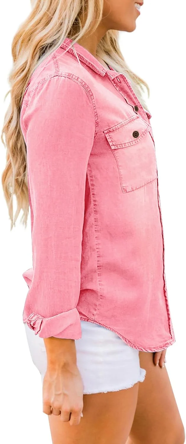 Roskiky Damen Jeanshemd - Damen Western Hemden Tunika Langarm Button Down Oberteile XXL Aurora Rosa,