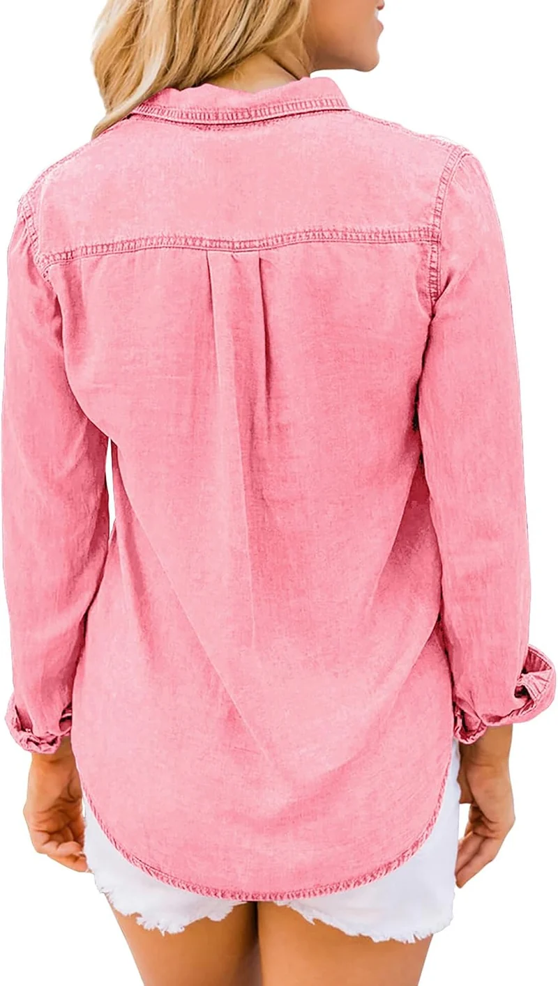 Roskiky Damen Jeanshemd - Damen Western Hemden Tunika Langarm Button Down Oberteile XXL Aurora Rosa,