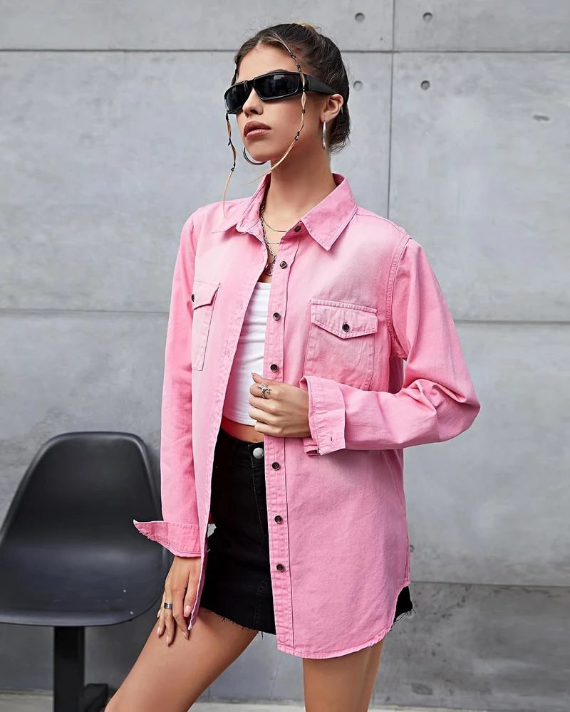 Roskiky Damen Jeanshemd - Damen Western Hemden Tunika Langarm Button Down Oberteile XXL Aurora Rosa,