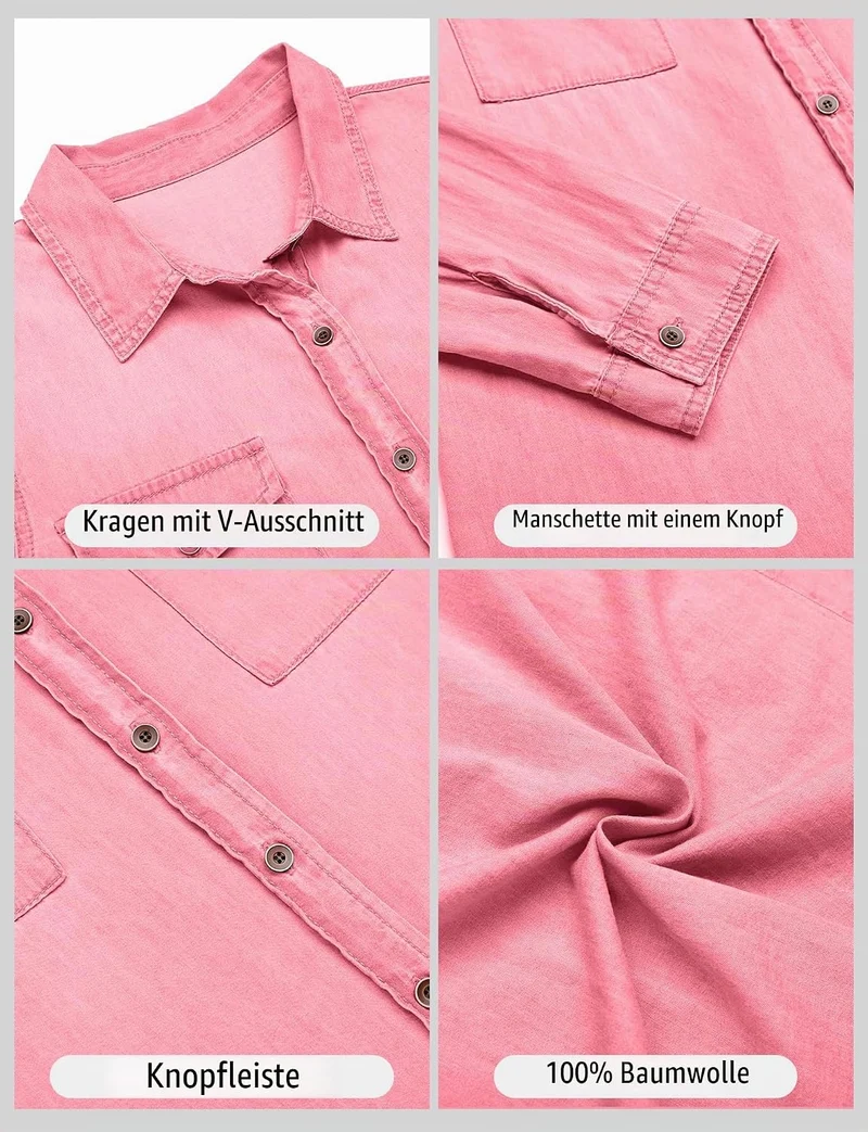 Roskiky Damen Jeanshemd - Damen Western Hemden Tunika Langarm Button Down Oberteile XXL Aurora Rosa,