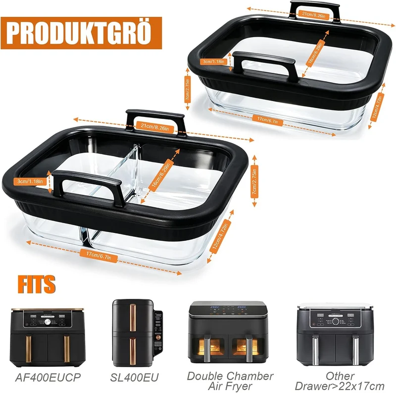 2 Stück Glasform Auflaufform füR Airfryer mit Silikongriffen, Glas Auflaufform für Ninja Heissluftfr