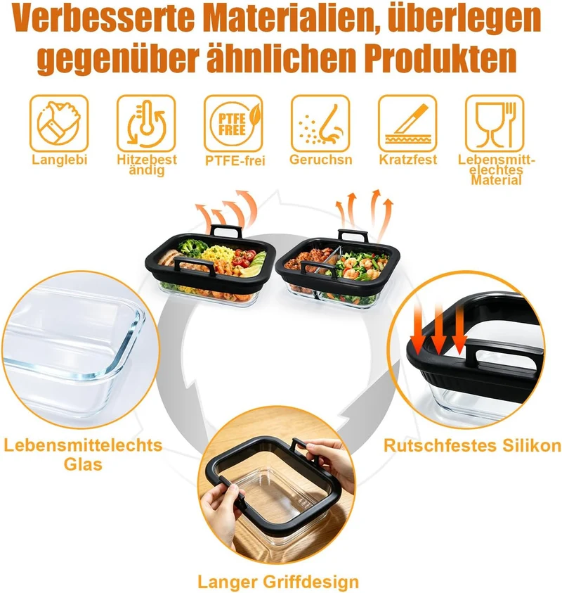 2 Stück Glasform Auflaufform füR Airfryer mit Silikongriffen, Glas Auflaufform für Ninja Heissluftfr