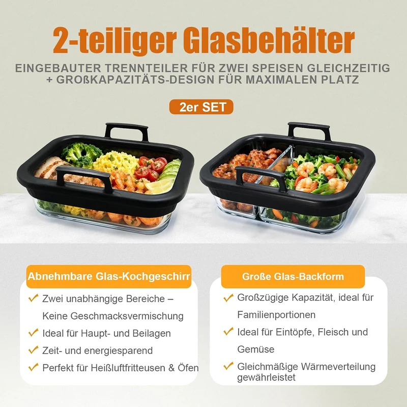 2 Stück Glasform Auflaufform füR Airfryer mit Silikongriffen, Glas Auflaufform für Ninja Heissluftfr