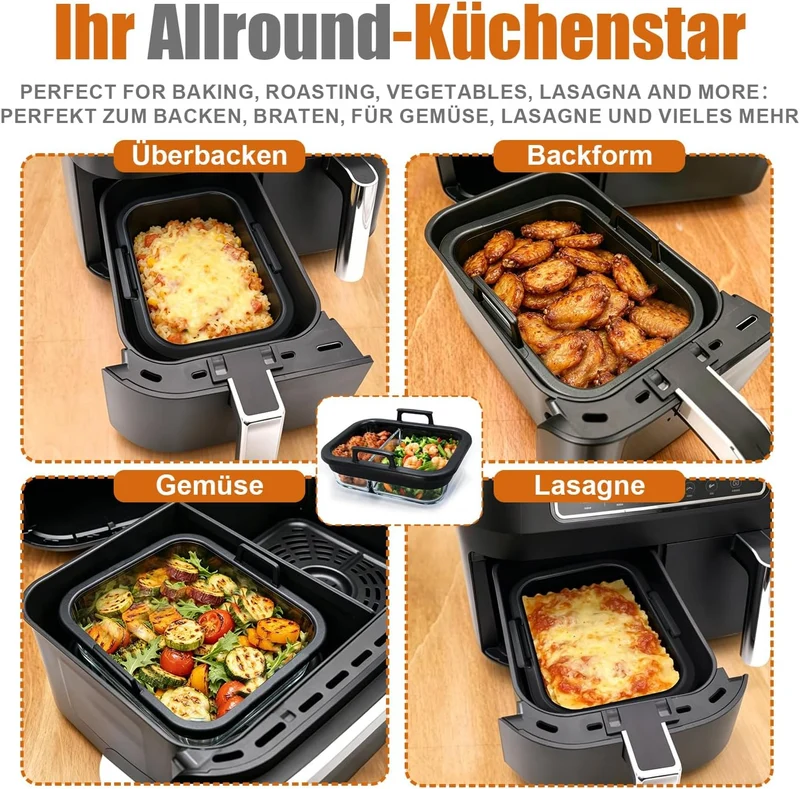 2 Stück Glasform Auflaufform füR Airfryer mit Silikongriffen, Glas Auflaufform für Ninja Heissluftfr