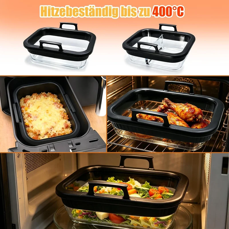 2 Stück Glasform Auflaufform füR Airfryer mit Silikongriffen, Glas Auflaufform für Ninja Heissluftfr