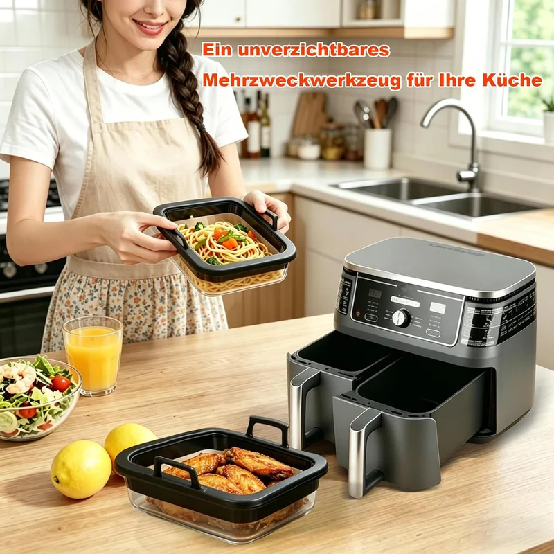 2 Stück Glasform Auflaufform füR Airfryer mit Silikongriffen, Glas Auflaufform für Ninja Heissluftfr