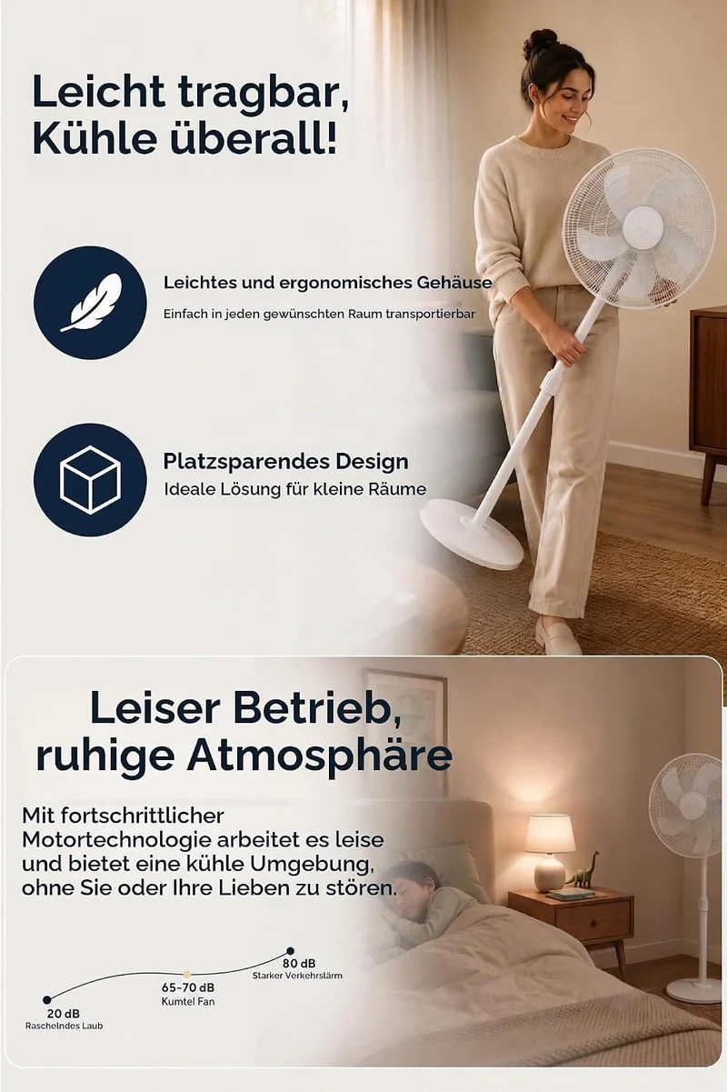Opviq Kumtel Verstellbarer weisser Ventilator, 50 W, 40,5 x 44 x 121 cm | 3 Geschwindigkeitsstufen,